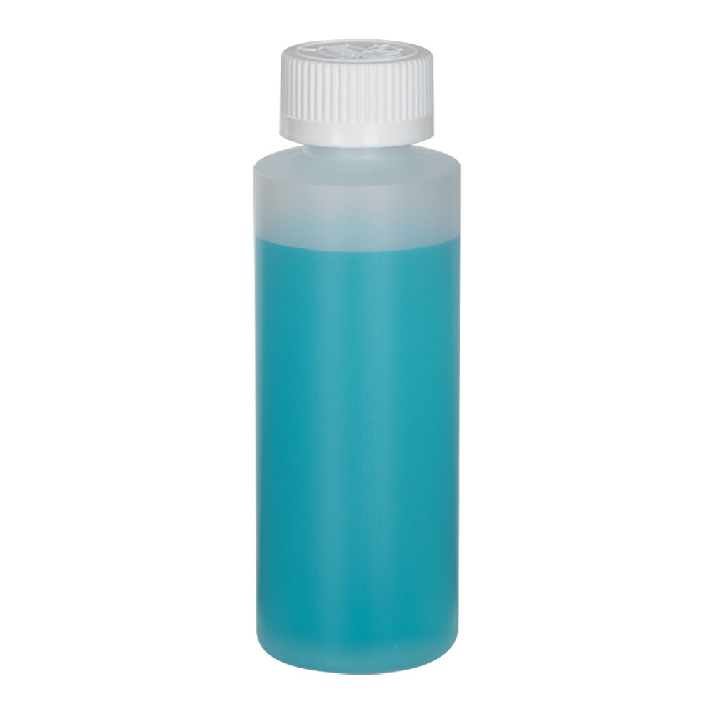 4 oz. Natural HDPE Cylindrical Sample Bottle with 24/400 White Ribbed CRC Cap with F217 Liner