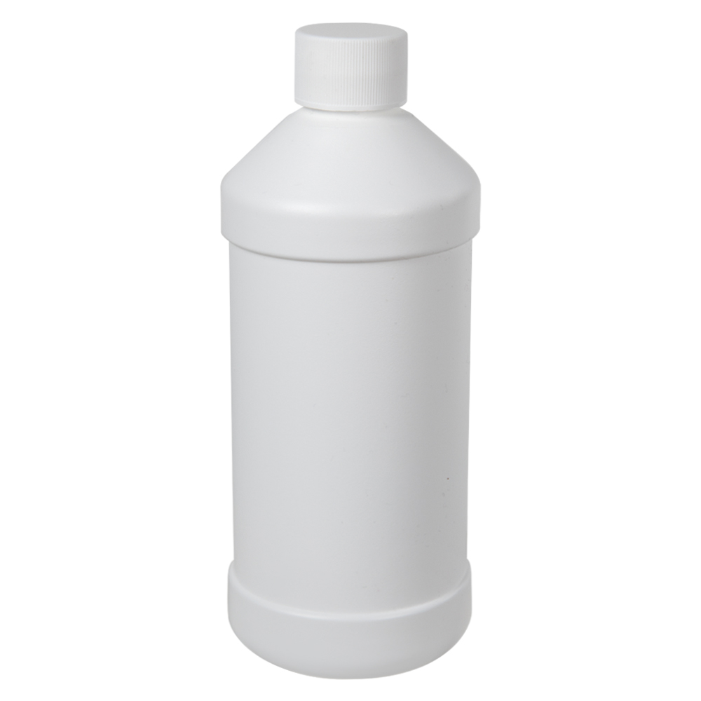 16 oz. White HDPE Modern Round Bottle with 28/410 White Ribbed Cap with F217 Liner