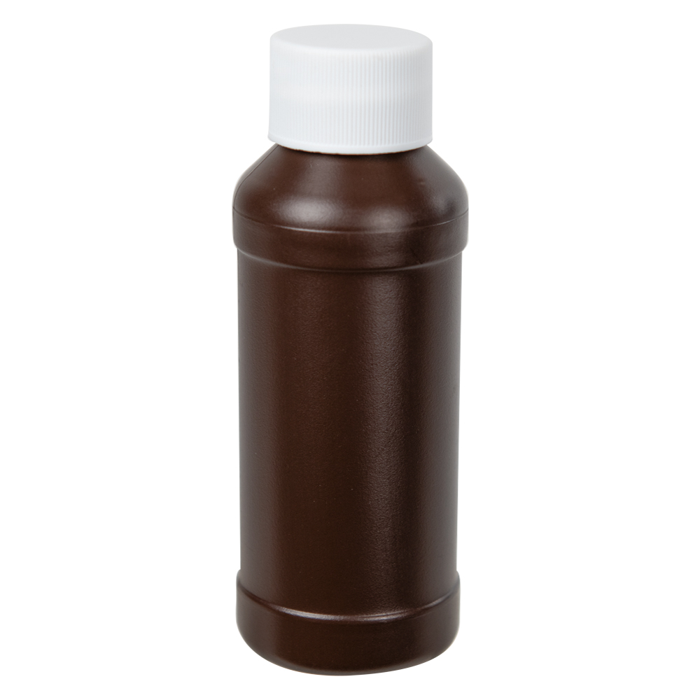 4 oz. Brown HDPE Modern Round Bottle with 28/410 White Ribbed Cap with F217 Liner