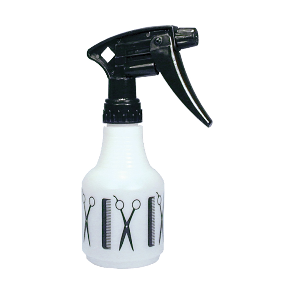 8 oz. Natural HDPE Spray Bottle with Black Shears & Combs Embossed & 28/400 Trigger Sprayer