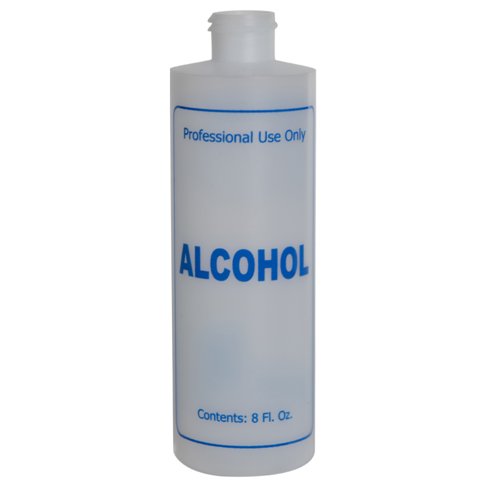 8 oz. Natural HDPE Cylinder Bottle with 24/410 Neck & Blue "Alcohol" Embossed (Caps Sold Separately)