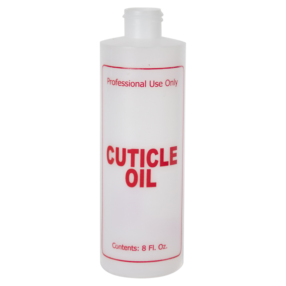8 oz. Natural HDPE Cylinder Bottle with 24/410 Neck & Red "Cuticle Oil" Embossed (Caps Sold Separately)