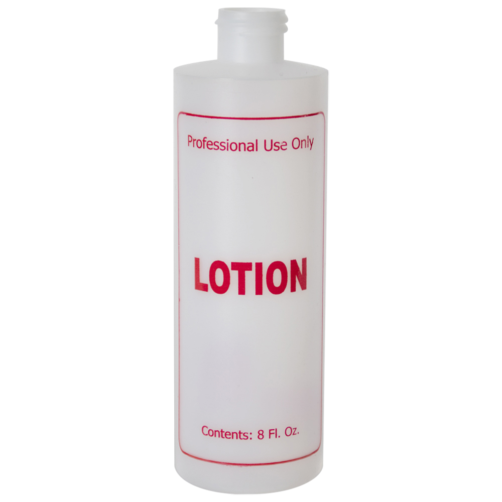 8 oz. Natural HDPE Cylinder Bottle with 24/410 Neck & Red "Lotion" Embossed (Caps Sold Separately)