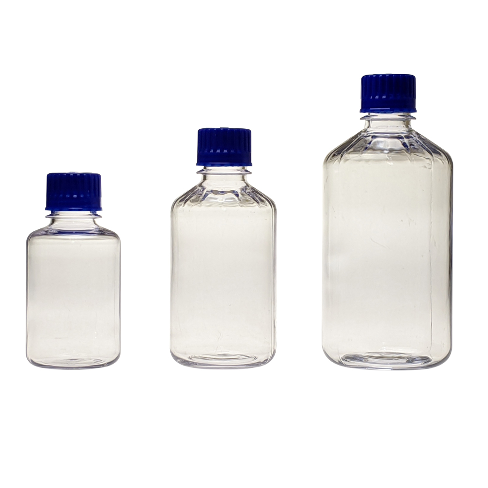 500mL Polycarbonate Graduated Boston Round Bottles with 38/430 Caps - Case of 72