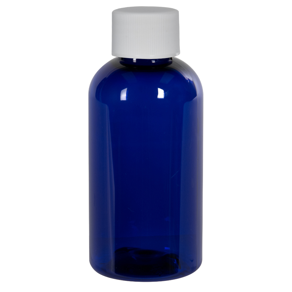 2 oz. Cobalt Blue PET Traditional Boston Round Bottle with 20/400 Plain Cap with F217 Liner