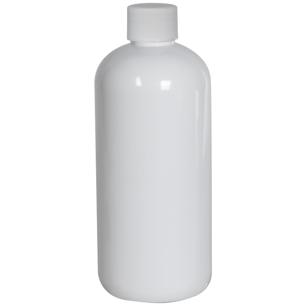 12 oz. White PET Traditional Boston Round Bottle with 24/410 White Ribbed Cap with F217 Liner
