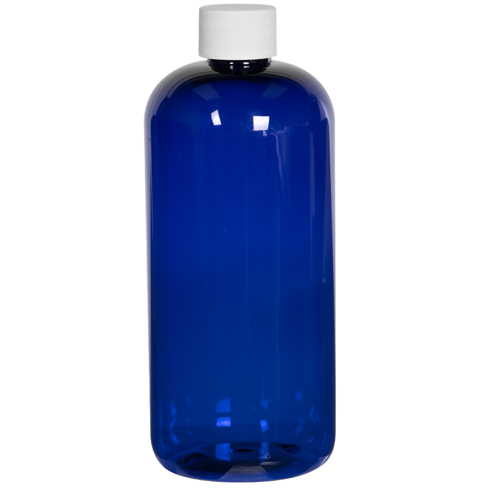 16 oz. Cobalt Blue PET Traditional Boston Round Bottle with 24/410 Plain Cap with F217 Liner