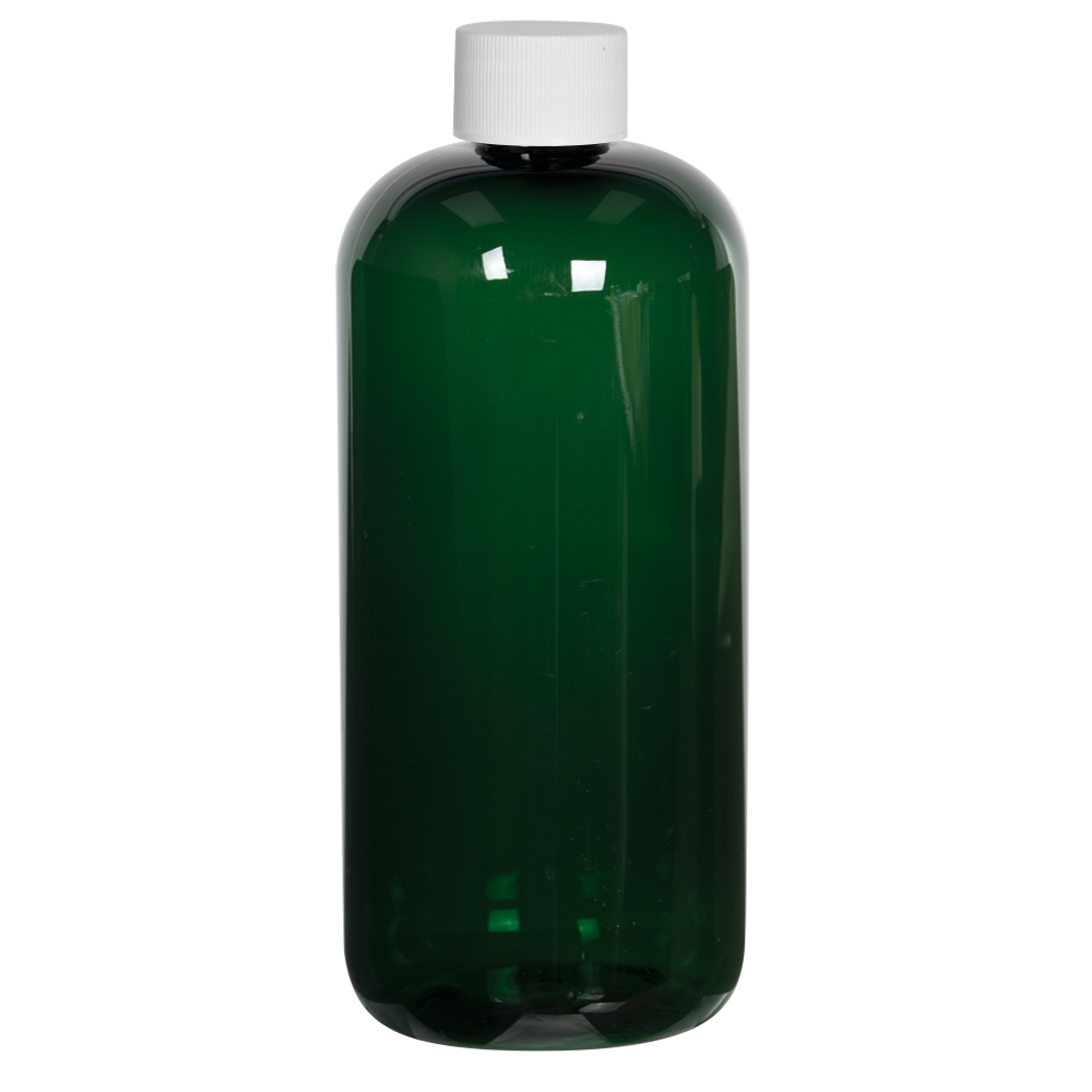 16 oz. Dark Green PET Traditional Boston Round Bottle with 24/410 Plain Cap with F217 Liner