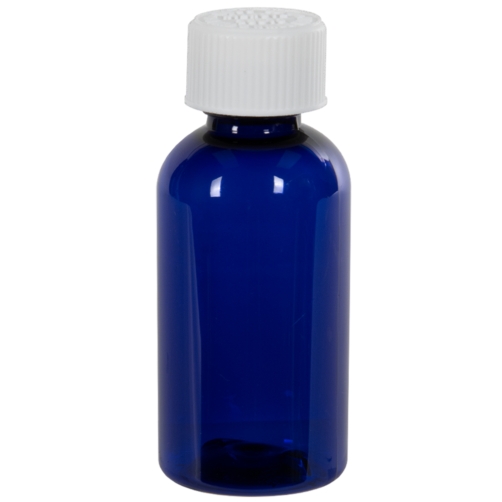 2 oz. Cobalt Blue PET Traditional Boston Round Bottle with 20/400 White Ribbed CRC Cap with F217 Liner