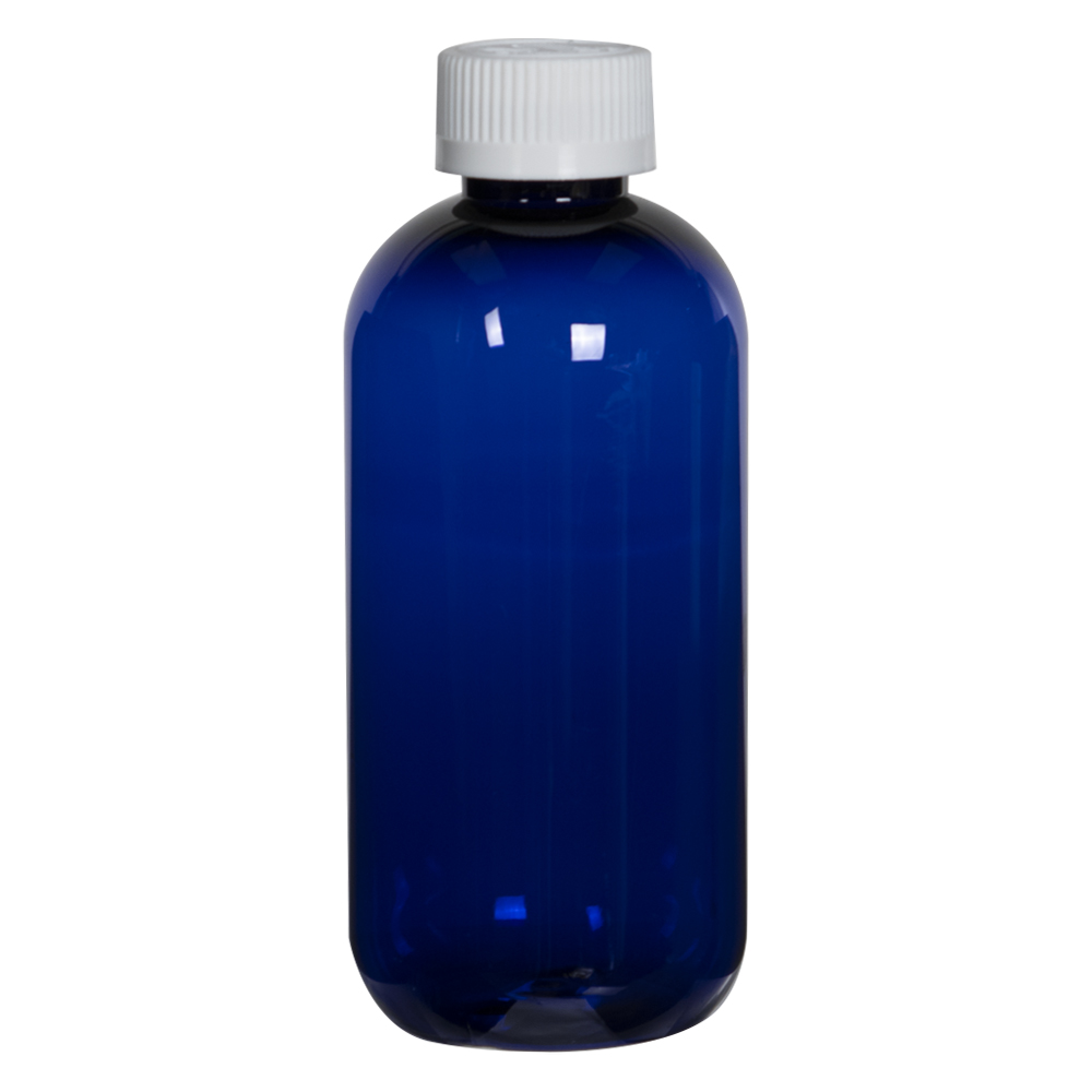 8 oz. Cobalt Blue PET Traditional Boston Round Bottle with 24/410 CRC Cap