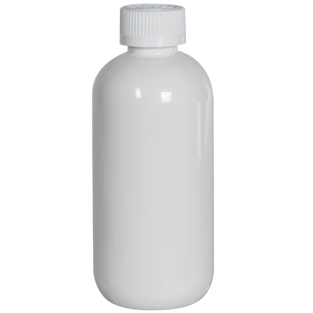 8 oz. White PET Traditional Boston Round Bottle with 24/410 White Ribbed CRC Cap with F217 Liner