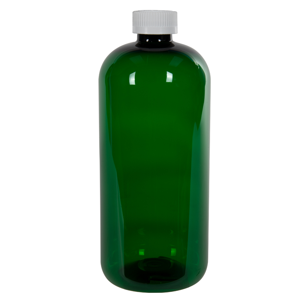 32 oz. Dark Green PET Traditional Boston Round Bottle with 28/410 White Ribbed CRC Cap with F217 Liner
