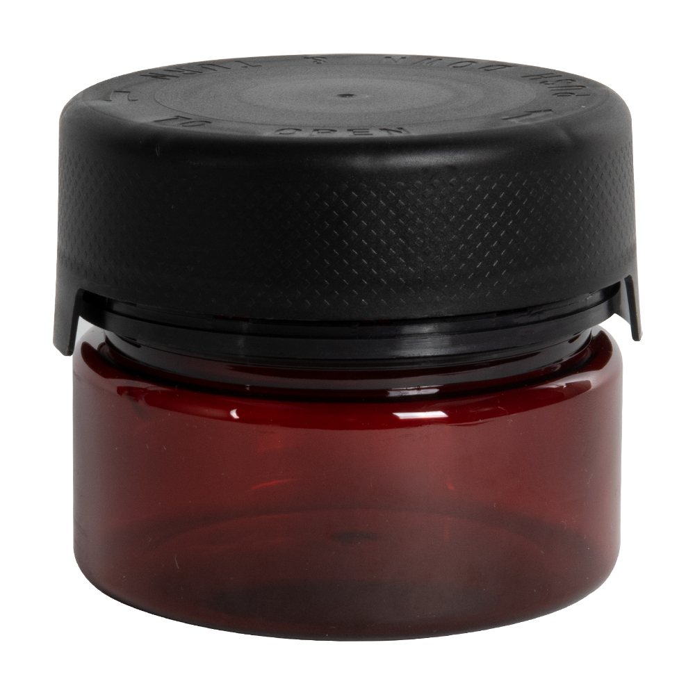 7.5 oz./225cc Translucent Amber PET Aviator Container with Black CR Cap & Seal
