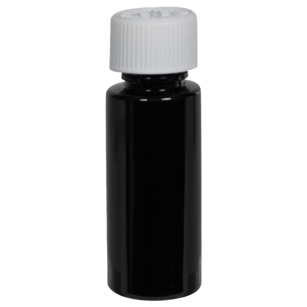 1 oz. Black PET Cylindrical Bottle with 20/410 White Ribbed CRC Cap with F217 Liner