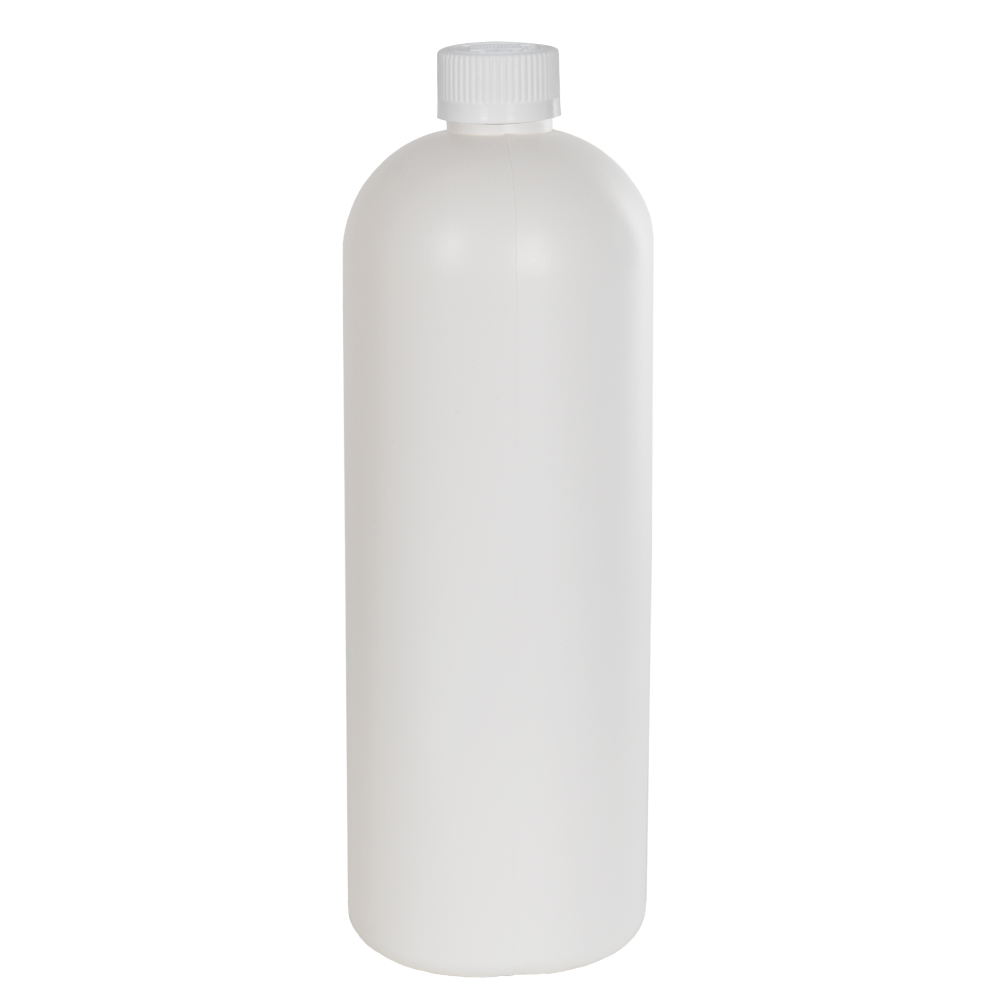 32 oz. HDPE White Tall Cosmo Bottle with 28/410 White Ribbed CRC Cap with F217 Liner