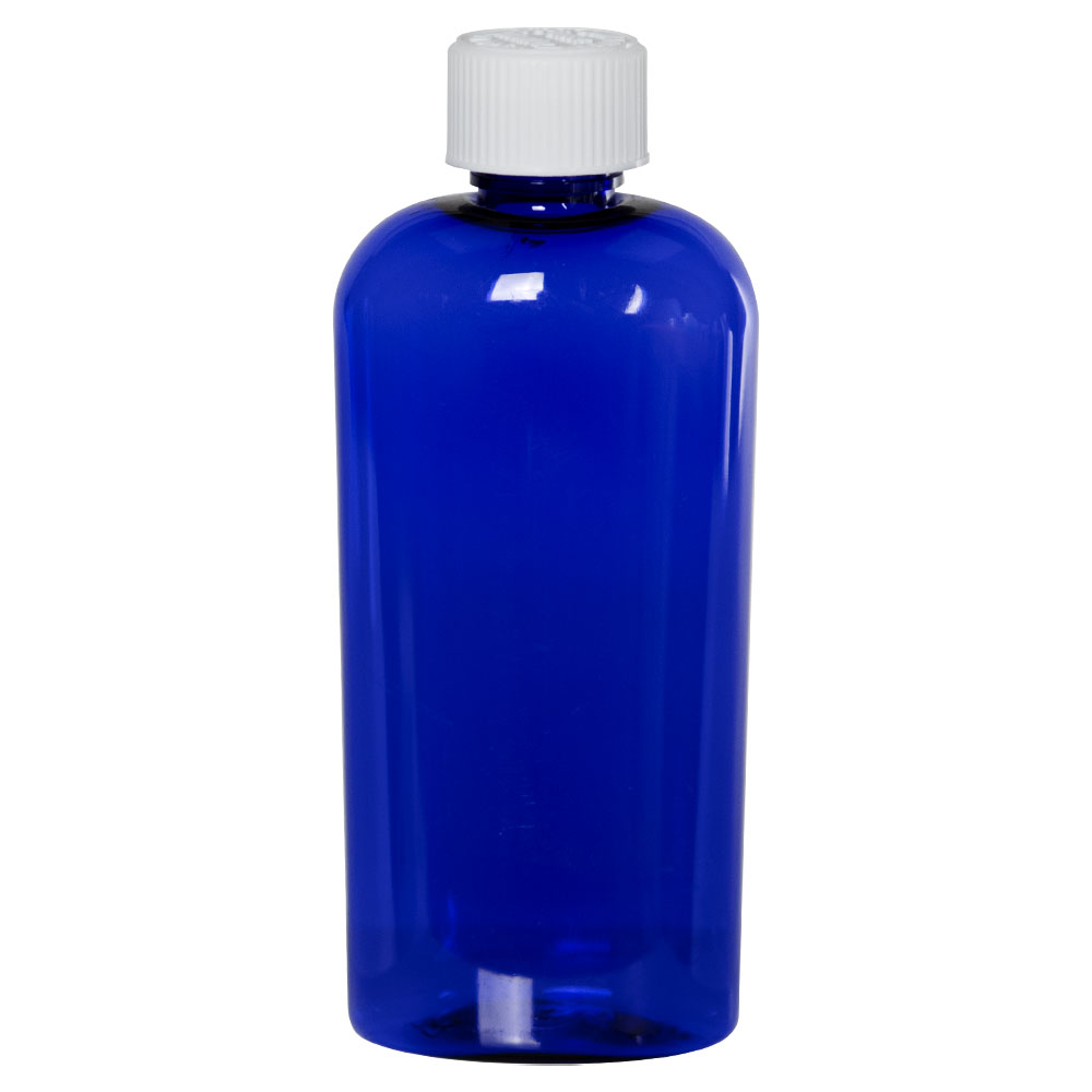 4 oz. Cobalt Blue PET Cosmo Oval Bottle with 20/410 White Ribbed CRC Cap with F217 Liner