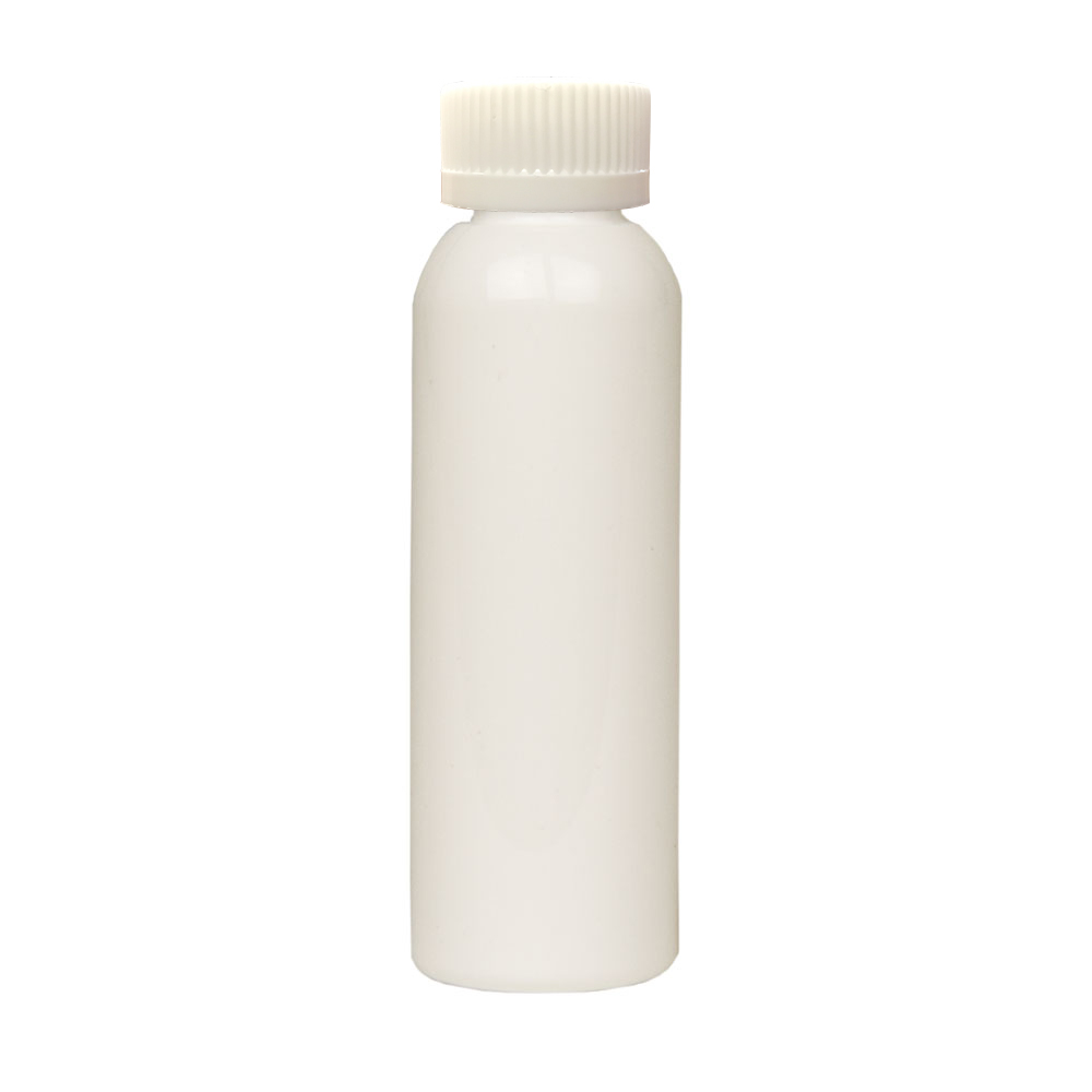2 oz. White PET Cosmo Round Bottle with 20/410 White Ribbed CRC Cap with F217 Liner