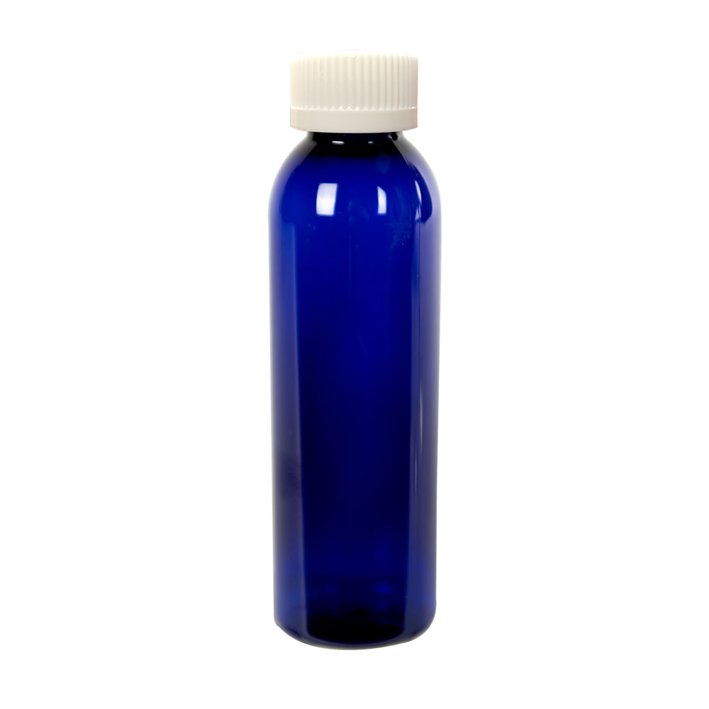 4 oz. Cobalt Blue PET Cosmo Round Bottle with 24/410 White Ribbed CRC Cap with F217 Liner
