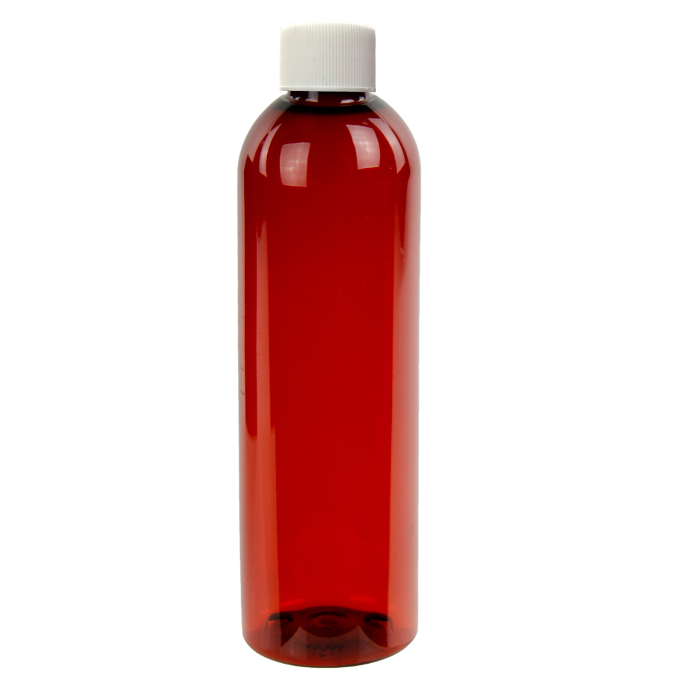 8 oz. Red Amber PET Cosmo Round Bottle with 24/410 White Ribbed Cap with F217 Liner