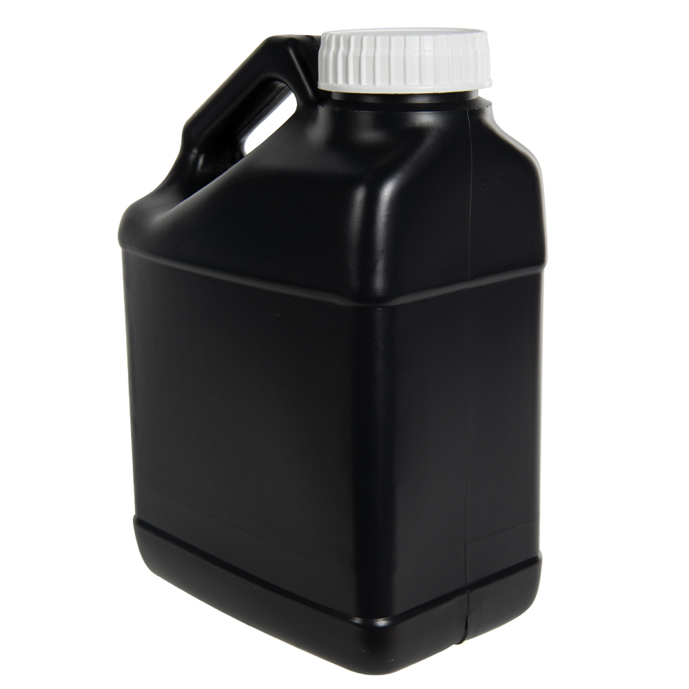 128 oz. Black HDPE F-Style Jug with 63mm White Ribbed Cap with F217 Liner