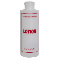 4 oz. Natural HDPE Cylinder Bottle with 24/410 Neck & Red "Lotion" Embossed (Caps Sold Separately)