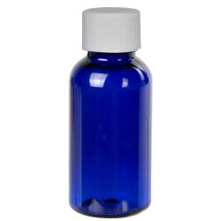 1 oz. Cobalt Blue PET Traditional Boston Round Bottle with 20/400 White Ribbed Cap with F217 Liner