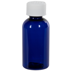 2 oz. Cobalt Blue PET Traditional Boston Round Bottle with 20/400 White Ribbed CRC Cap with F217 Liner