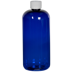 16 oz. Cobalt Blue PET Traditional Boston Round Bottle with 24/410 White Ribbed CRC Cap with F217 Liner