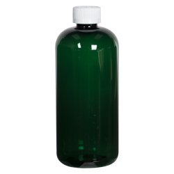 16 oz. Dark Green PET Traditional Boston Round Bottle with 24/410 White Ribbed CRC Cap with F217 Liner