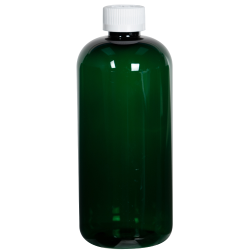 16 oz. Dark Green PET Traditional Boston Round Bottle with 28/410 White Ribbed CRC Cap with F217 Liner