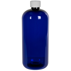 32 oz. Cobalt Blue PET Traditional Boston Round Bottle with 28/410 CRC Cap
