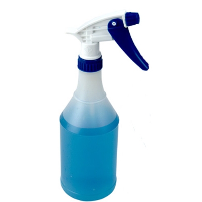 24 oz. Natural HDPE Round Spray Bottle with 28/400 Blue & White Polypropylene Sprayer