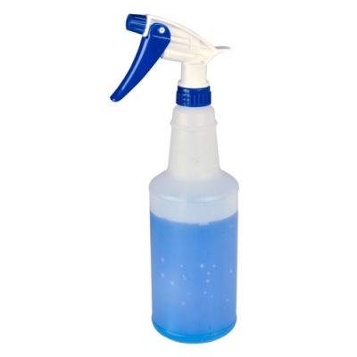 32 oz. Natural HDPE Round Spray Bottle with 28/400 Blue & White Polypropylene Sprayer