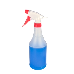 24 oz. Natural HDPE Round Spray Bottle with 28/400 Red & White Polypropylene Sprayer