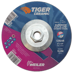 6" Dia. x 1/4" Thickness x 5/8"-11 Hub Weiler® Tiger® Ceramic Grinding Wheel - Type 27