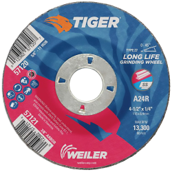 4-1/2" Dia. x 1/4" Thickness x 7/8" Arbor Hole Weiler® Tiger® Premium Aluminum Oxide Grinding Wheel - Type 27