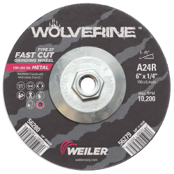 6" Dia. x 1/4" Thickness x 5/8"-11 Hub Weiler® Wolverine™ Grinding Wheel - Type 27