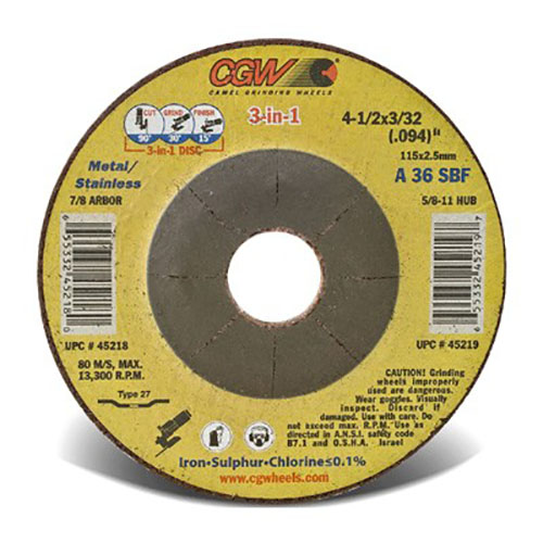 4-1/2" Dia. x 0.094" Thickness x 7/8" Arbor Hole 3-in-1 Cut/Grind/Finish Wheel - Type 27