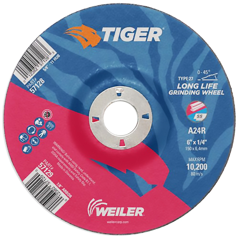 6" Dia. x 1/4" Thickness x 7/8" Arbor Hole Weiler® Tiger® Premium Aluminum Oxide Grinding Wheel - Type 27