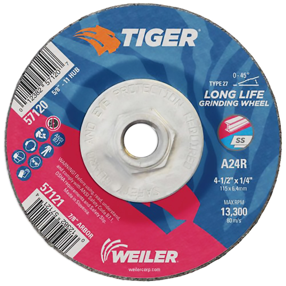 4-1/2" Dia. x 1/4" Thickness x 5/8"-11 Hub Weiler® Tiger® Premium Aluminum Oxide Grinding Wheel - Type 27