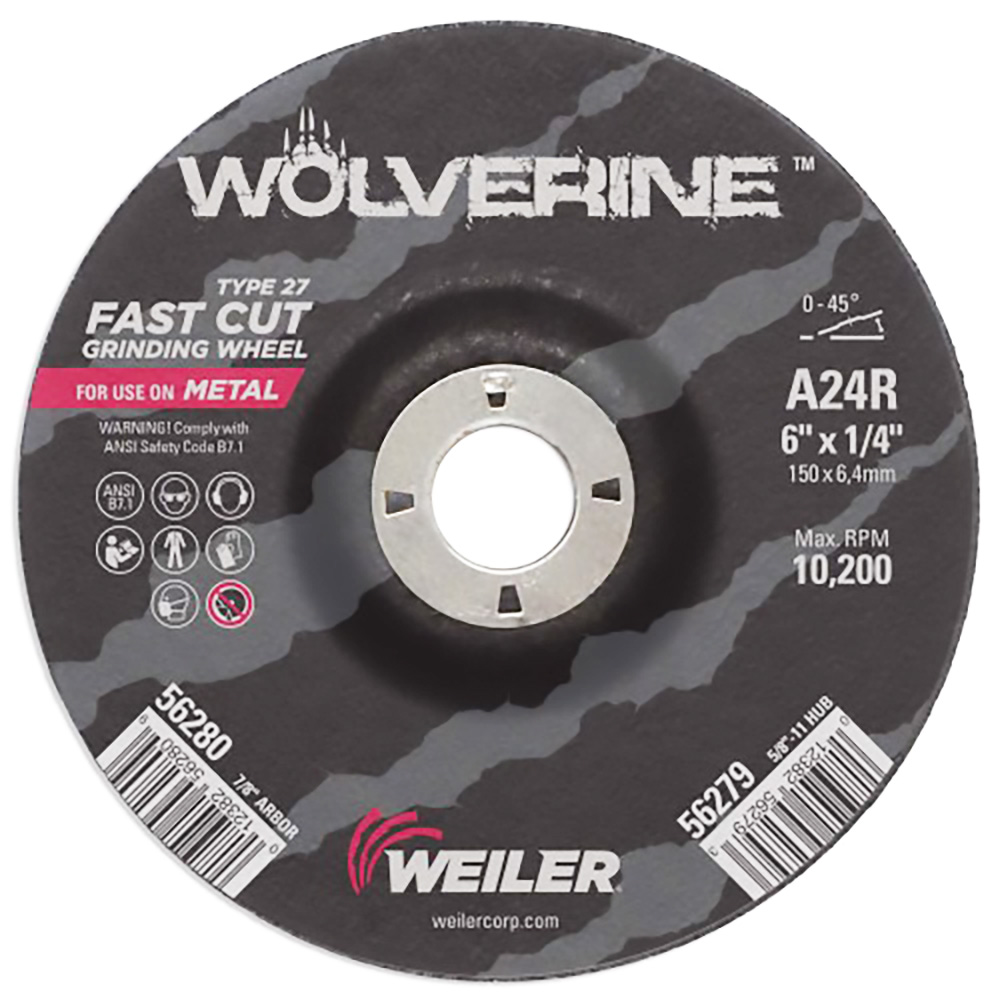 6" Dia. x 1/4" Thickness x 7/8" Arbor Hole Weiler® Wolverine™ Grinding Wheel - Type 27
