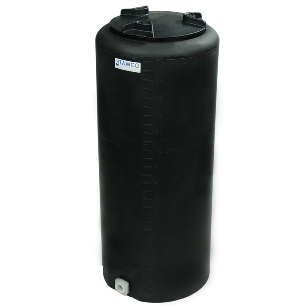 15 Gallon Tamco® Vertical Black PE Tank with 8" Lid & 3/4" Fitting - 13" Dia. x 31" High