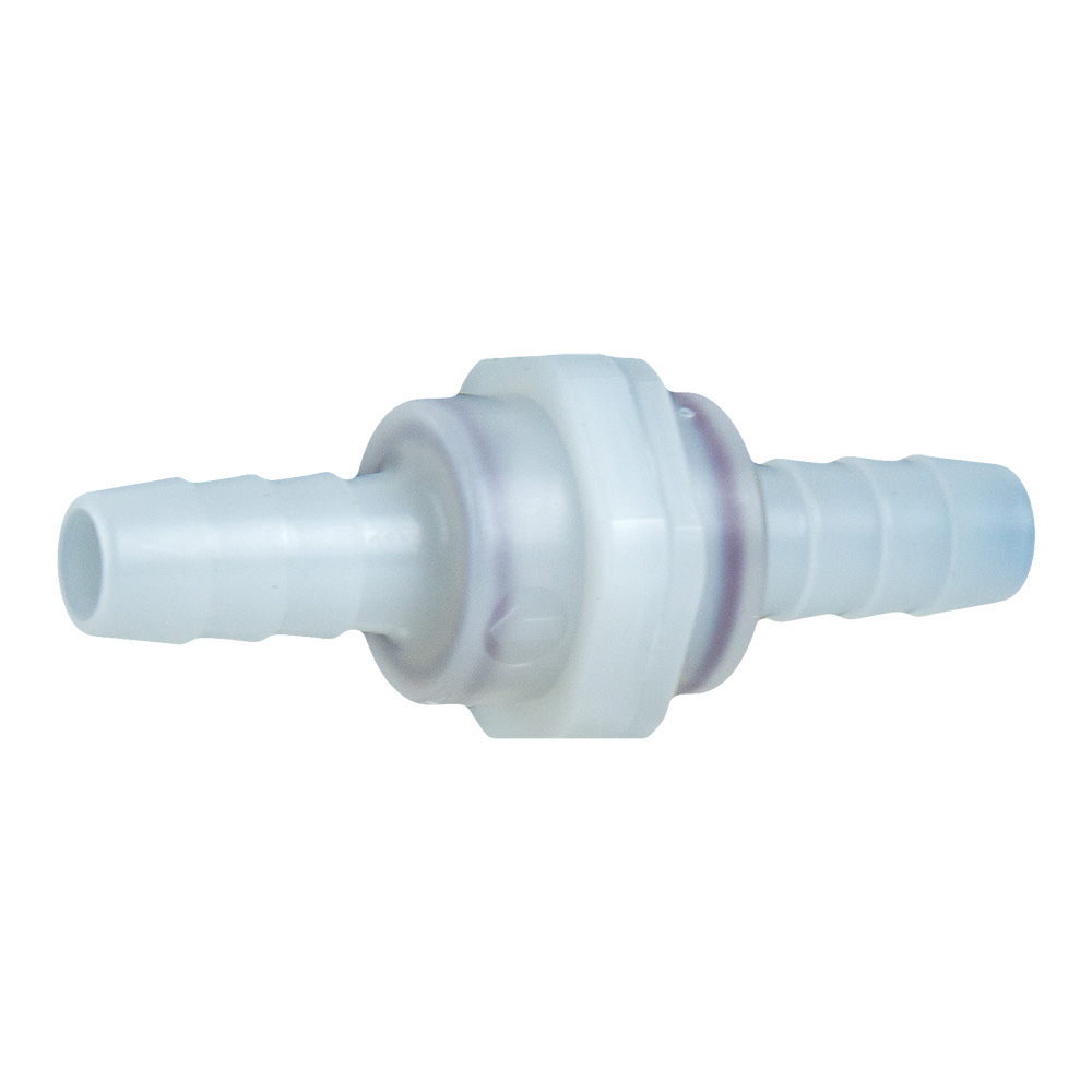 3/8 Hose Barb x 3/8 Hose Barb Natural Kynar Check Valve with 1 psi Spring & Viton Seal 1 Each 3/8 Hose Barb x 3/8 Hose Barb Natural Kynar Check Valve with 1 psi Spring & Viton Seal 1 Each