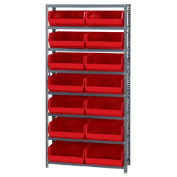 12" W x 36" L x 75" Hgt. Storage Unit w/8 Shelves & 8 Red Bins 14-3/4" L x 16-1/2" W x 7" Hgt.