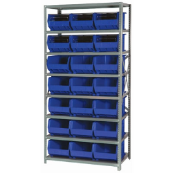 18" W x 36" L x 75" Hgt. Storage Unit w/8 Shelves & 21 Blue Bins 16" L x 11" W x 8" Hgt.