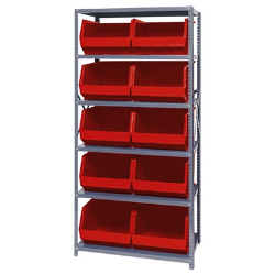 18" W x 36" L x 75" Hgt. Storage Unit w/6 Shelves & 10 Red Bins 18" L x 16-1/2" W x 11" Hgt.