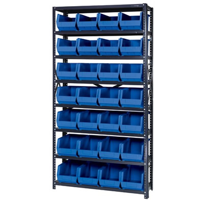 12" W x 36" L x 75" Hgt. Storage Unit w/8 Shelves & 28 Blue Bins 14-3/4" L x 8-1/4" W x 7" Hgt.