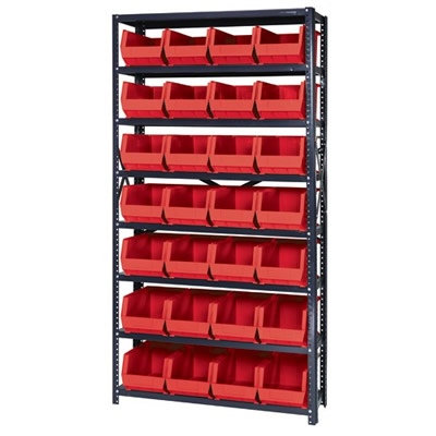 12" W x 36" L x 75" Hgt. Storage Unit w/8 Shelves & 28 Red Bins 14-3/4" L x 8-1/4" W x 7" Hgt.