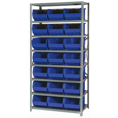 18" W x 36" L x 75" Hgt. Storage Unit w/8 Shelves & 21 Blue Bins 16" L x 11" W x 8" Hgt.