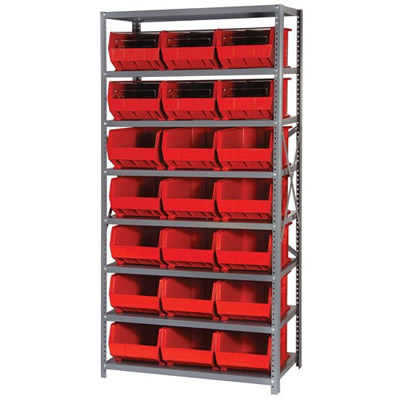 18" W x 36" L x 75" Hgt. Storage Unit w/8 Shelves & 21 Red Bins 16" L x 11" W x 8" Hgt.
